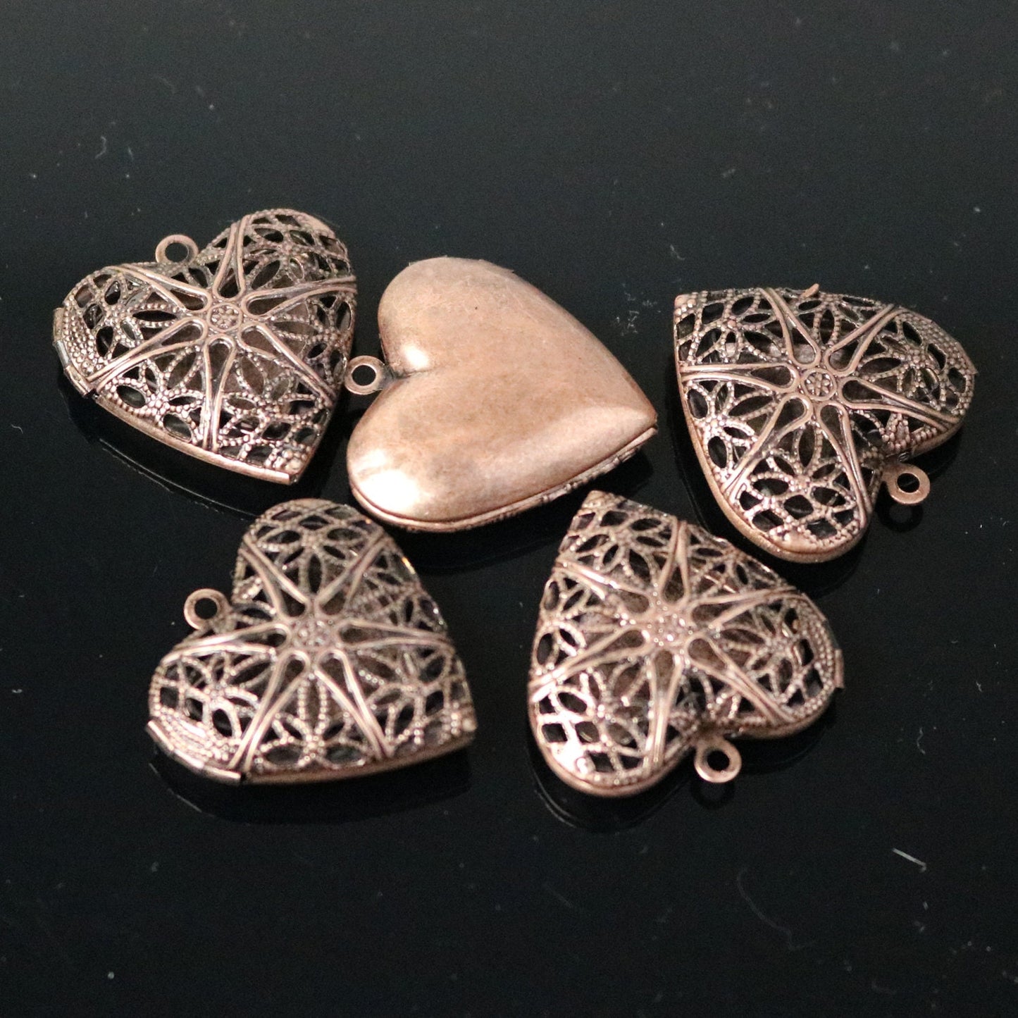 5 pcs Antique COPPER Heart Filigree Locket Pendant Charm - 25mm 1 inch 8mm thickness - Brass Locket Pendant Charm - Ship from California USA
