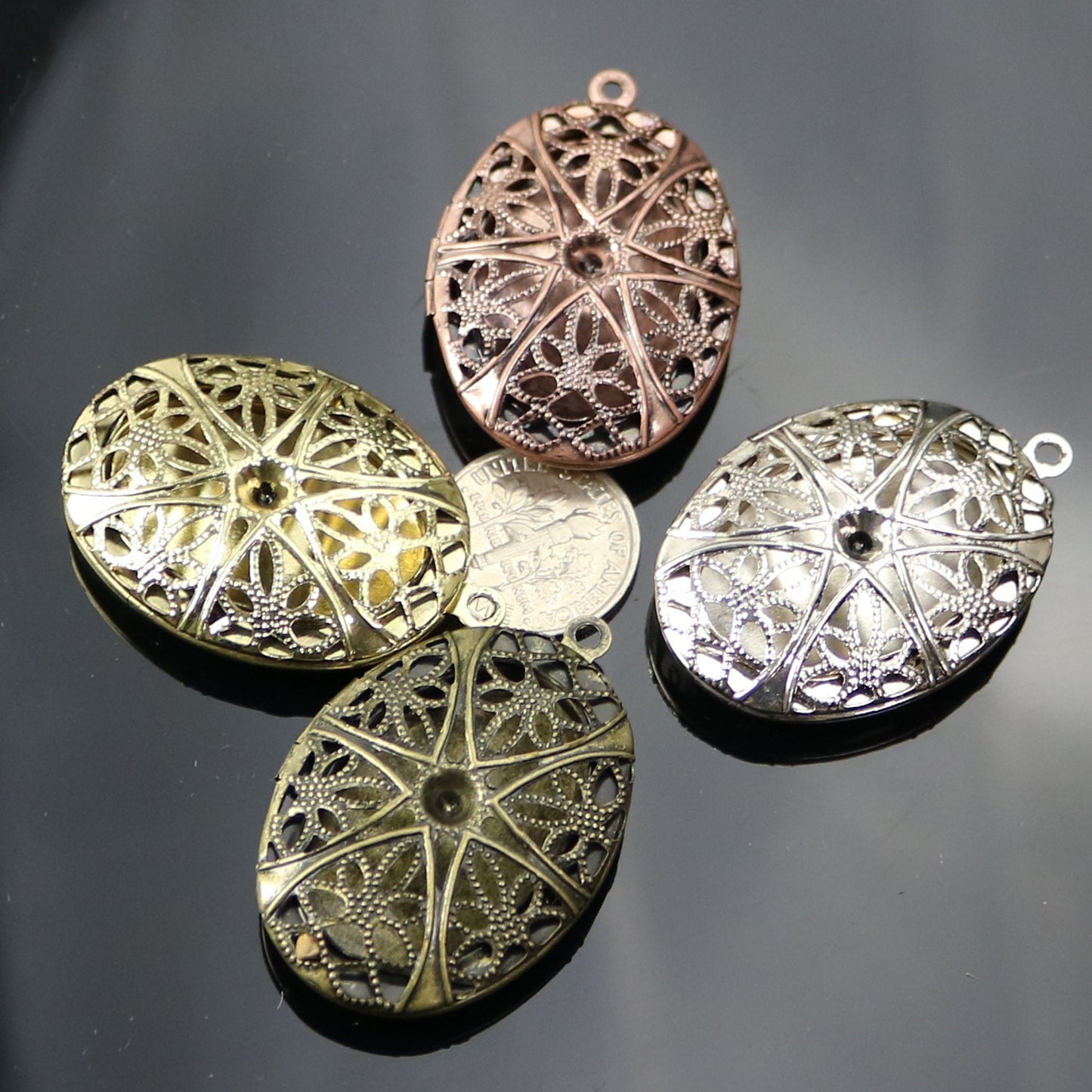 5 pcs Antique COPPER Filigree Locket OVAL Big Pendant Charm - 27x39mm 10mm thickness - Brass Locket Pendant Charm - Ship from California USA