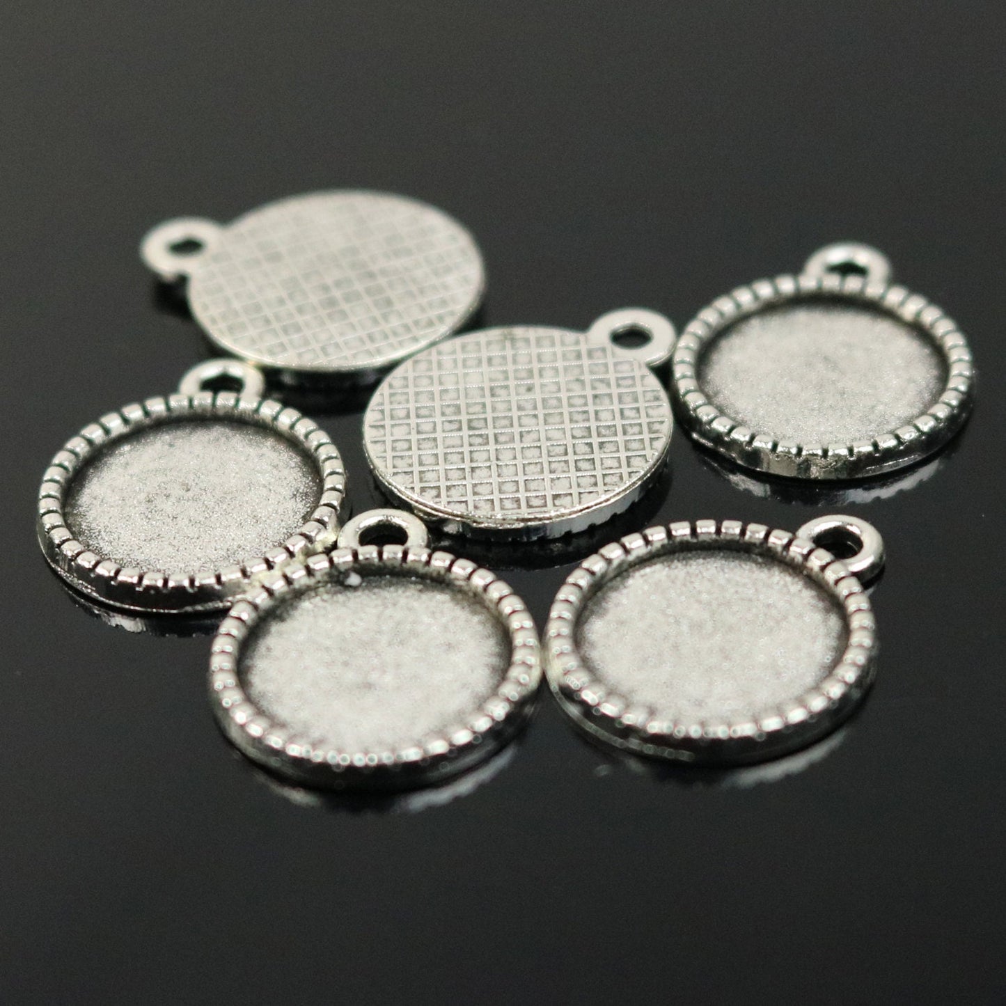 50 Round Antique Silver Bezel - for 12mm 1/2inch - Circle Pendant Blank Bezel . for Cabochon Cameo Pendants, Photo Jewelry, Post Setting