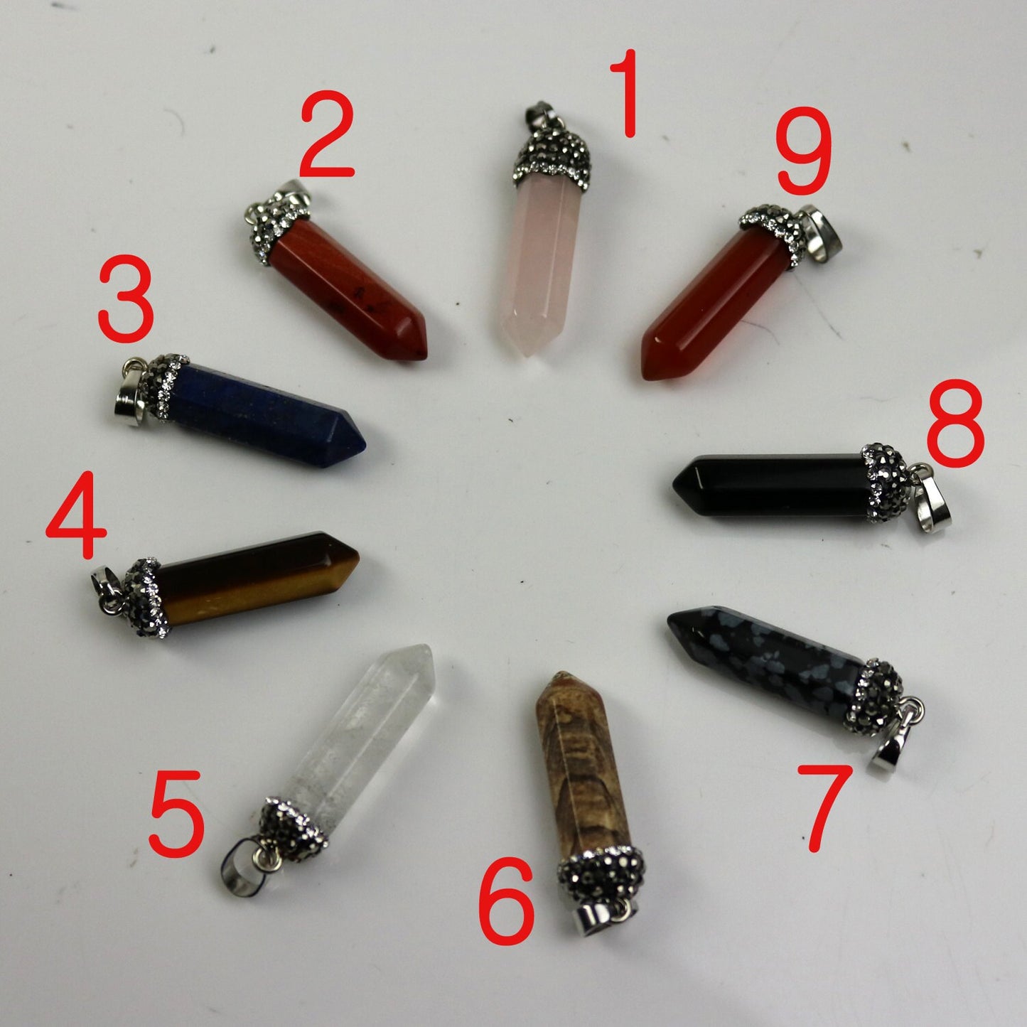 1, 5, 10pcs POINT Charm Point Pendant with 20 inch Matching Necklace, 38x8.5 mm - Brecciated Jasper, Cubic Zirconia & Gunmetal Edging