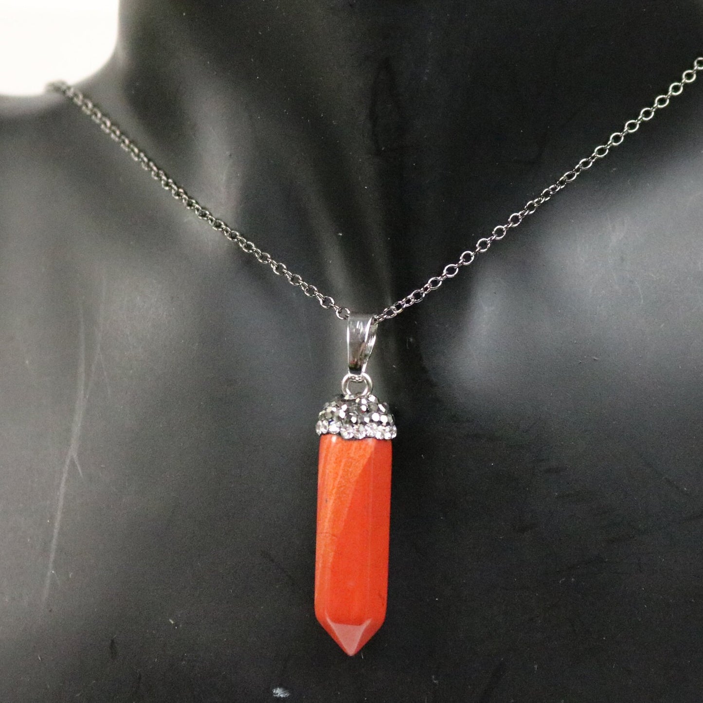 1, 5, 10pcs POINT Charm Point Pendant with 20 inch Matching Necklace, 38x8.5 mm - Brecciated Jasper, Cubic Zirconia & Gunmetal Edging
