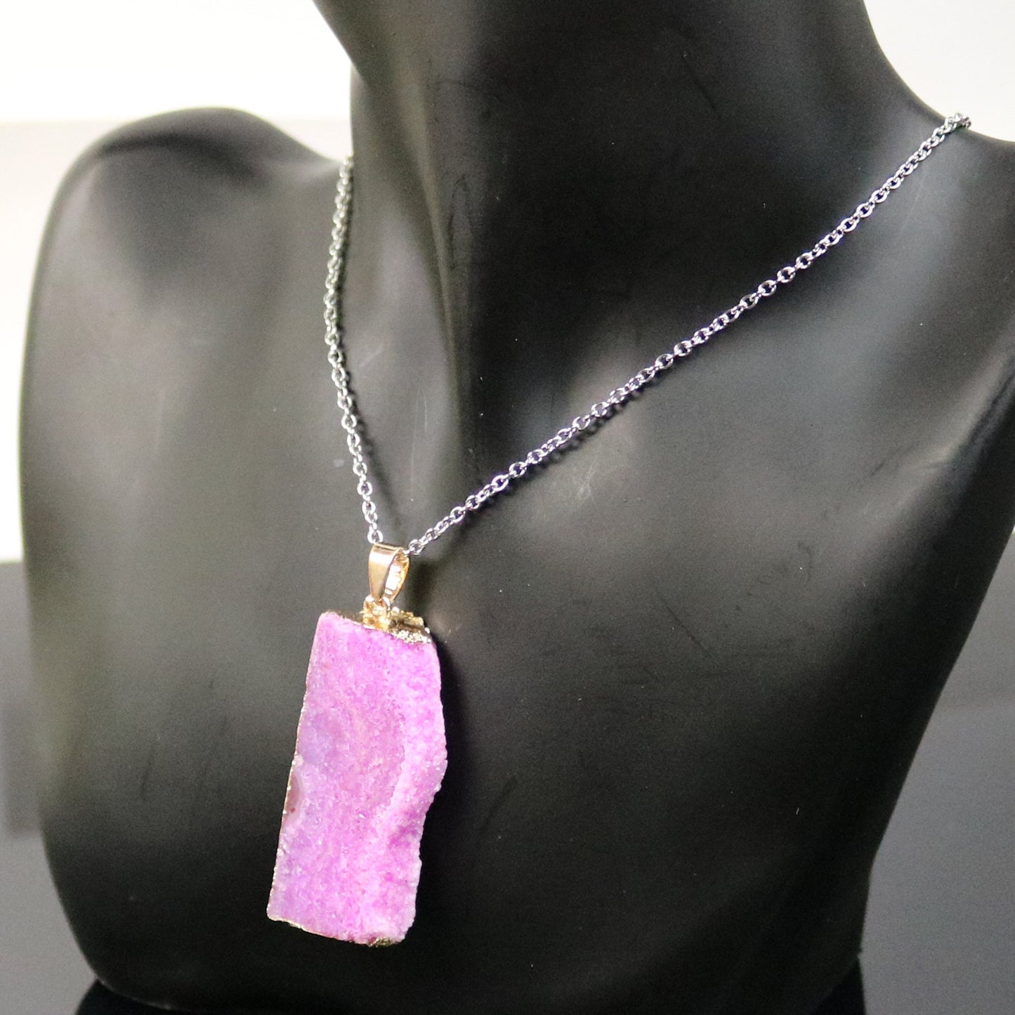 Druzy Pendant PINK Agate Raw Gemstone Pendant, Drusy Natural Stone Pendant - 20-30mm x 30-40mm 9 mm + thickness