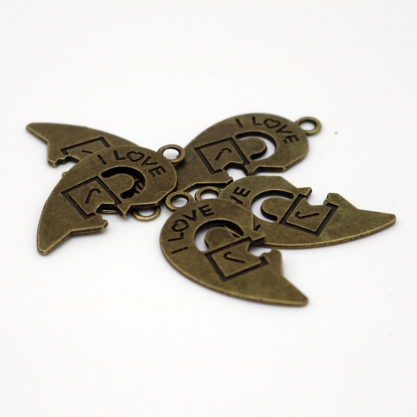 5 pcs Antique Brass Alloy Charm, Couple Charm, 1/2 Half Heart Charm with Lock and Key - 30x15mm, Antique Bronze - from California USA MC438