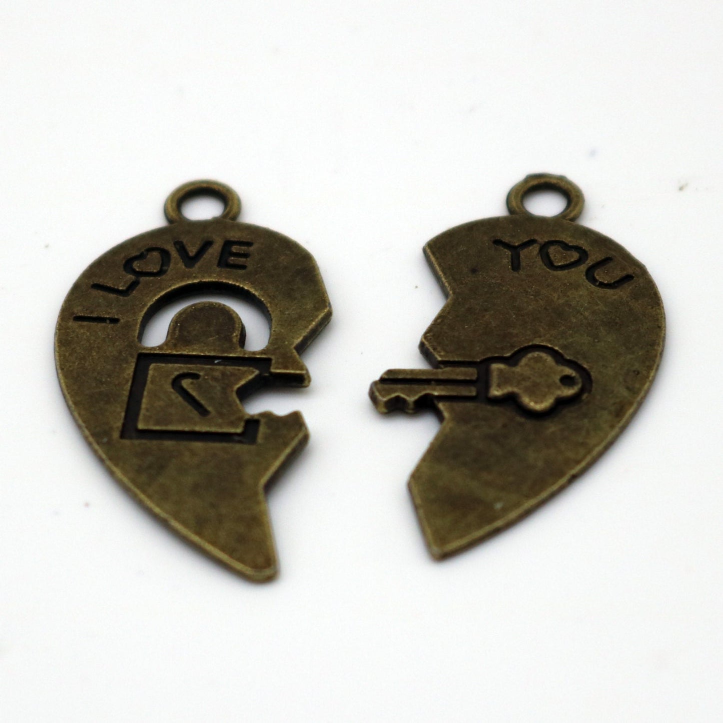 5 set Antique Brass Alloy Charm, Couple Charm, 1/2 + 1/2 Heart Charm with Lock and Key - 30x15mm, Antique Bronze -from California USA MC4378