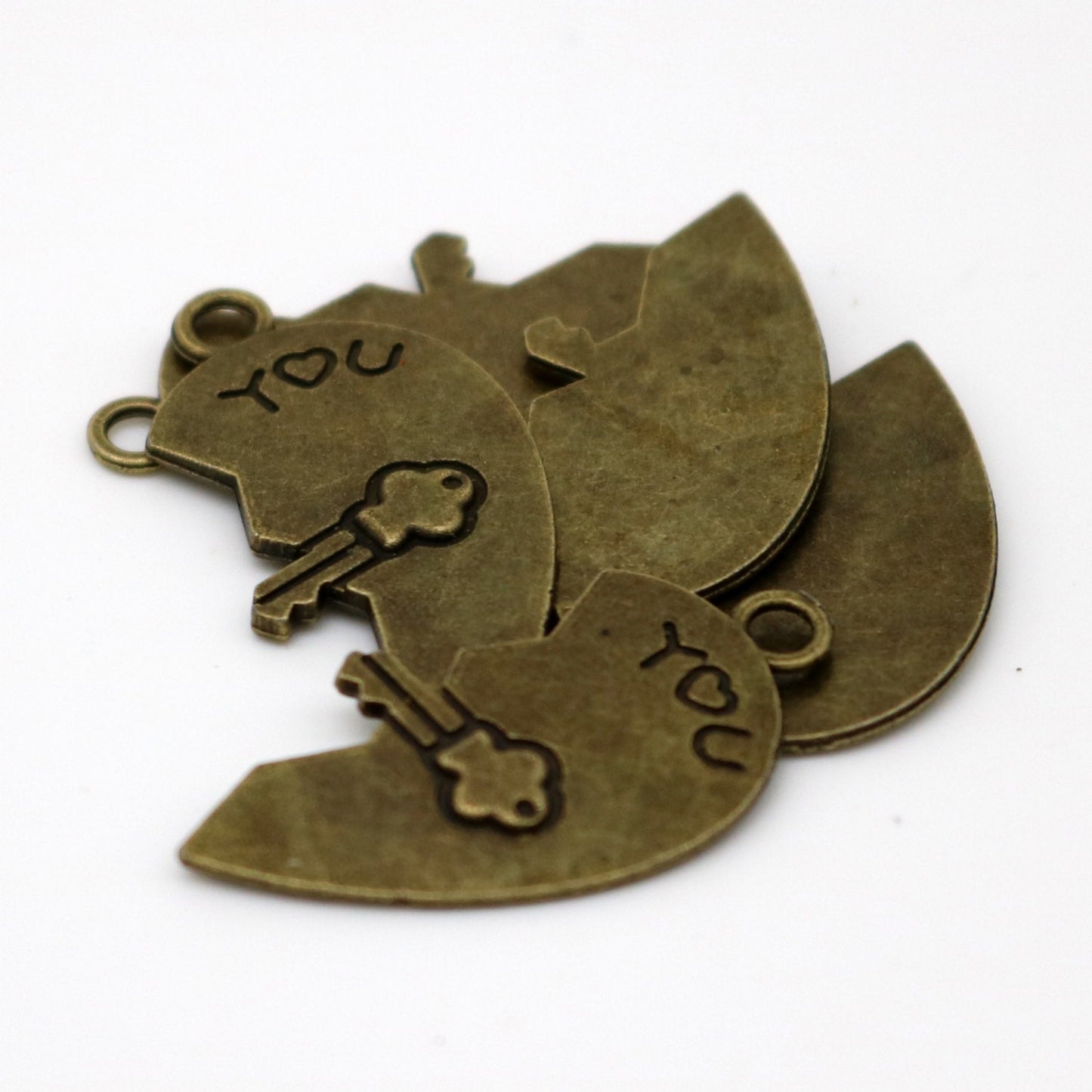 5 pcs Antique Brass Alloy Charm, Couple Charm, 1/2 Half Heart Charm with Lock and Key - 30x15mm, Antique Bronze - from California USA MC437