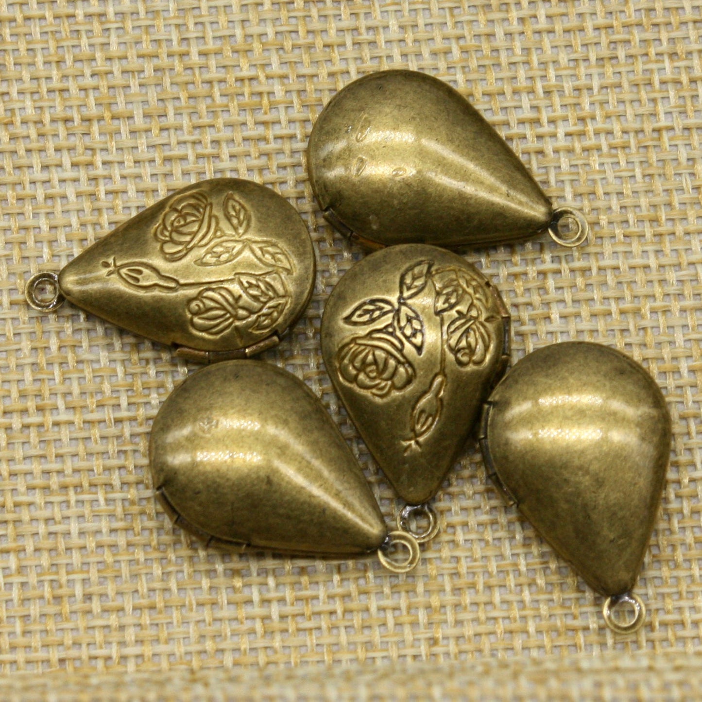 5 pcs Antique BRASS Filigree ROSE Teardrop Locket Pendant Charm Dangle - 20x24mm - Brass Locket Pendant - Ship from California USA - E8