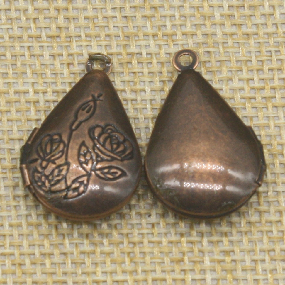 5 pcs Antique COPPER Filigree ROSE Teardrop Locket Pendant Charm Dangle - 20x24mm - Brass Locket Pendant - Ship from California USA - E8