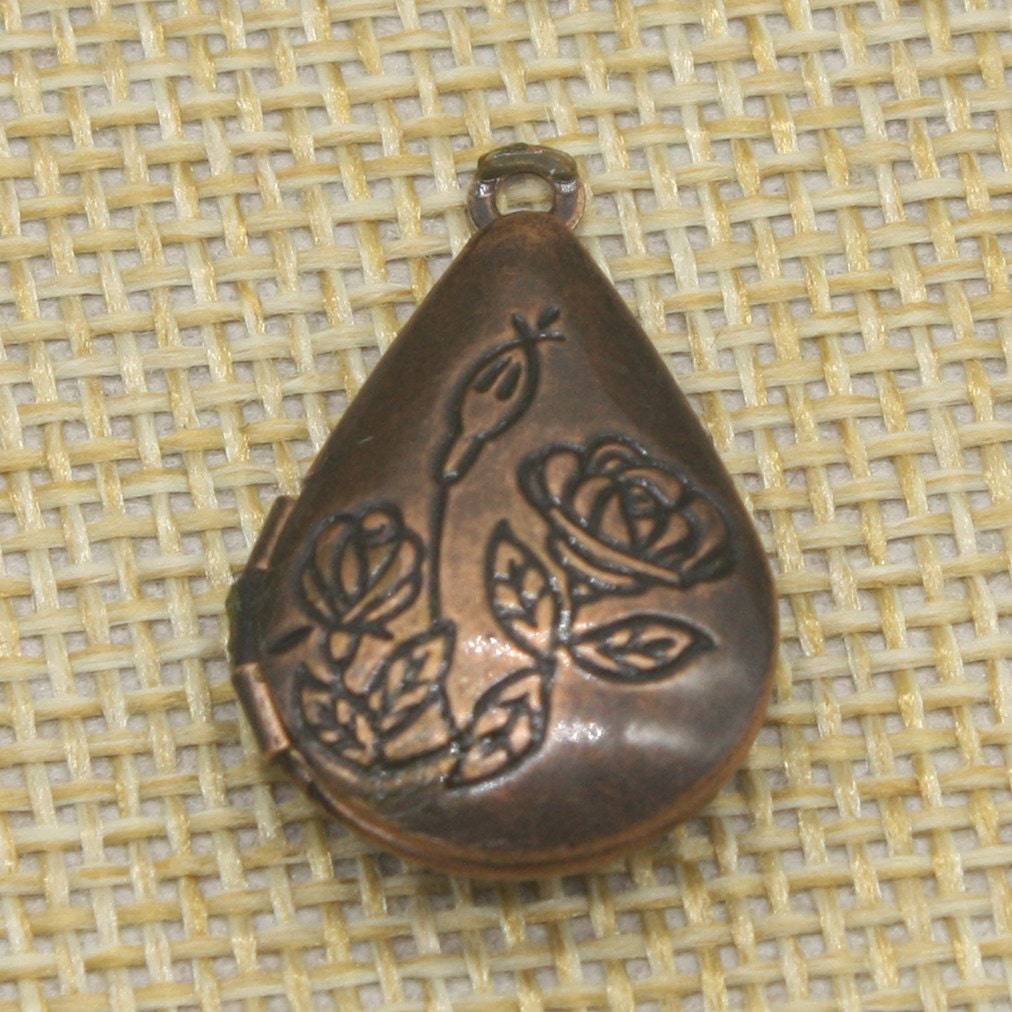 5 pcs Antique COPPER Filigree ROSE Teardrop Locket Pendant Charm Dangle - 20x24mm - Brass Locket Pendant - Ship from California USA - E8
