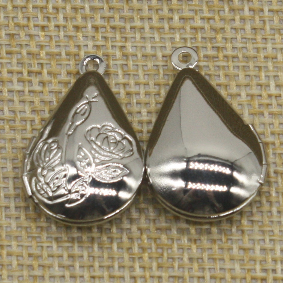5 pcs Rhodium Plated Filigree ROSE Teardrop Locket Pendant Charm Dangle - 20x24mm - Brass Locket Pendant - Ship from California USA - E8