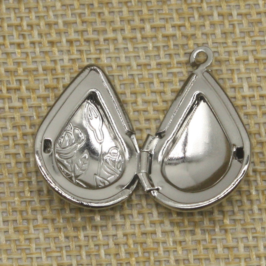 5 pcs Rhodium Plated Filigree ROSE Teardrop Locket Pendant Charm Dangle - 20x24mm - Brass Locket Pendant - Ship from California USA - E8