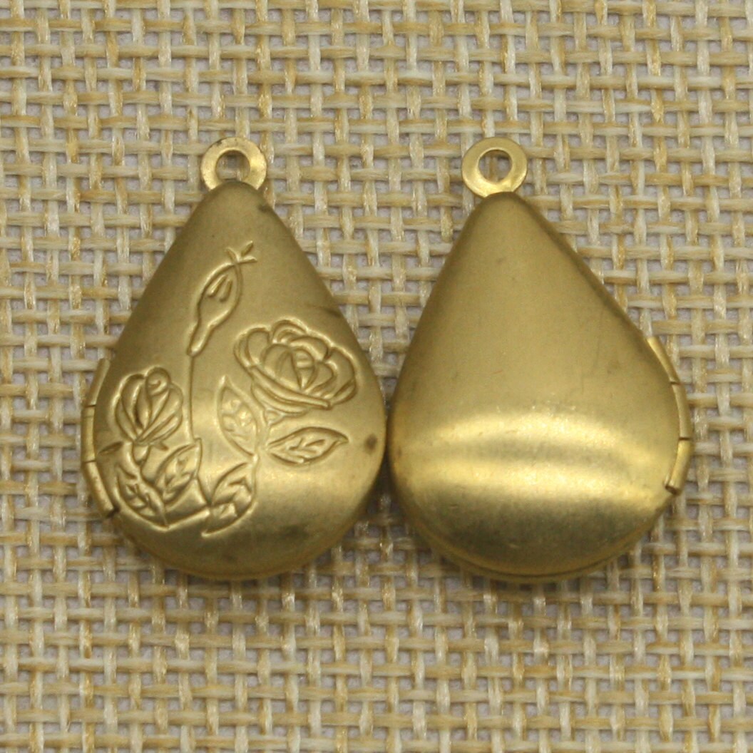 Raw BRASS Filigree ROSE Teardrop Locket Pendant Charm Dangle - 20x24mm - Brass Locket Pendant - Ship from California USA - B5
