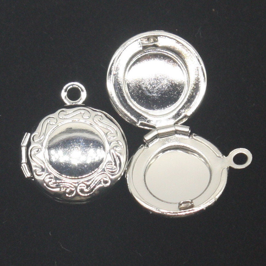 5 pcs Rhodium Plated Filigree Locket ROUND Pendant Pattern Charm Dangle - 14x16mm - Locket Pendant Charm - Ship from California USA - D57
