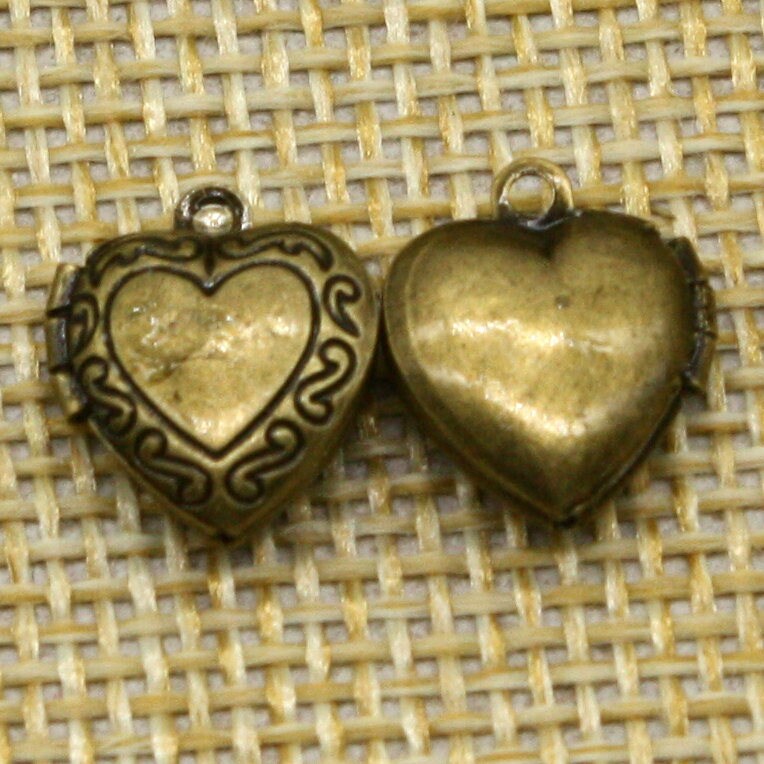 10 pcs Antique BRASS Filigree Locket Small Heart in Heart Pendant Charm Dangle - 12x11mm - Brass Locket Charm -Ship California USA - A3