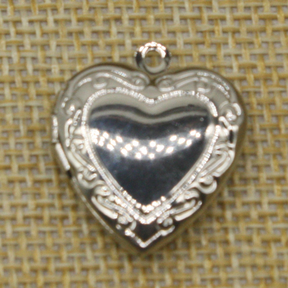 Rhodium Plated Heart Filigree Locket Pendant Charm - 20mm x 20mm - Brass Locket Pendant Charm - Ship from California USA - A3