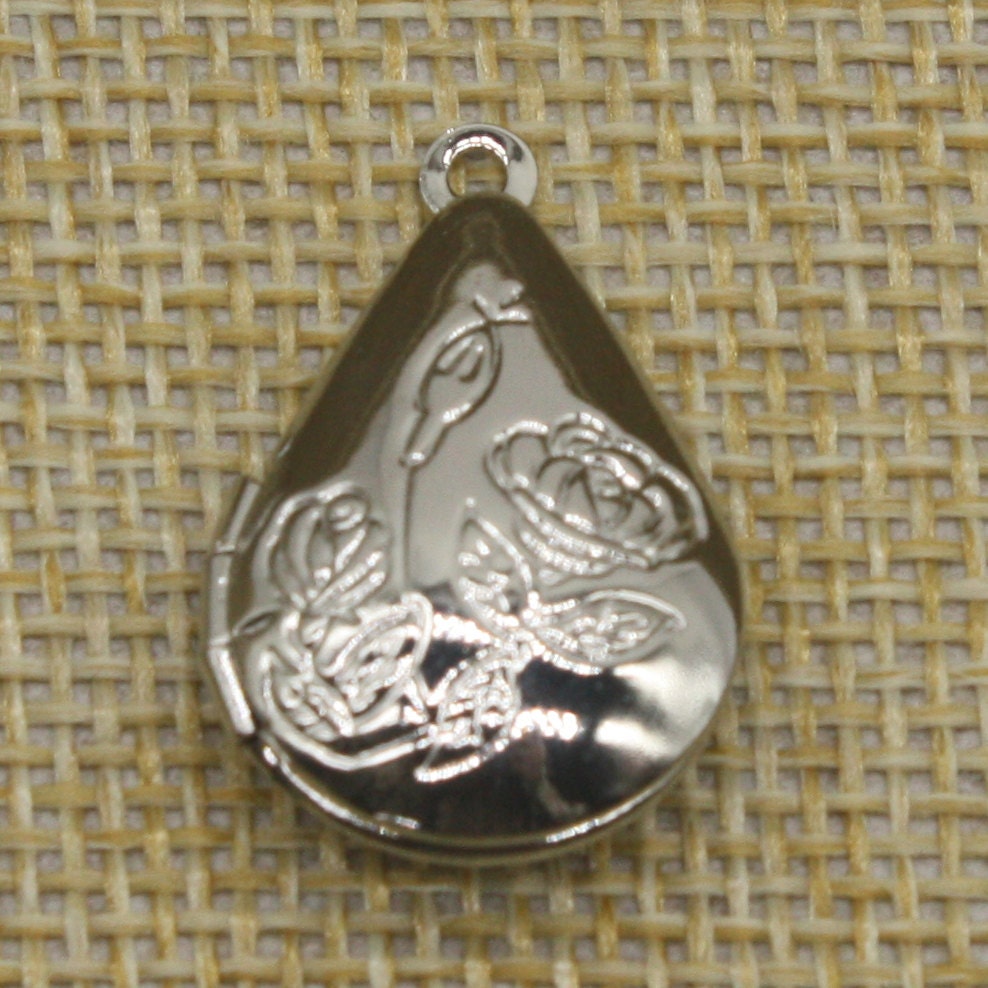 5 pcs Rhodium Plated Filigree ROSE Teardrop Locket Pendant Charm Dangle - 20x24mm - Brass Locket Pendant - Ship from California USA - E8