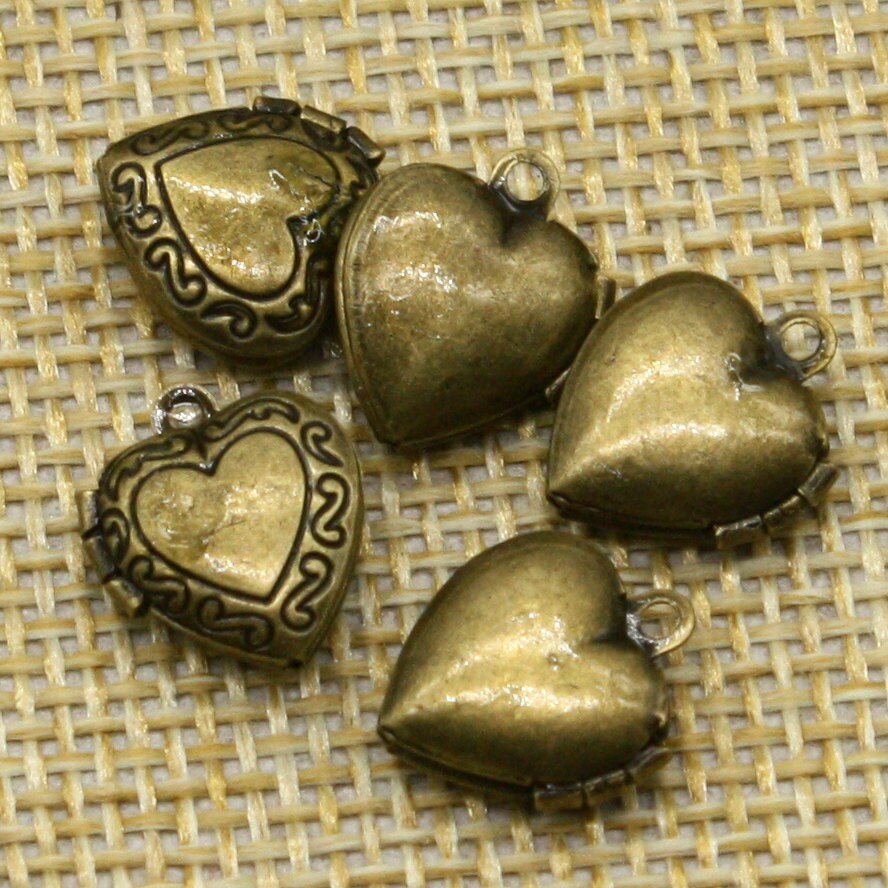 10 pcs Antique BRASS Filigree Locket Small Heart in Heart Pendant Charm Dangle - 12x11mm - Brass Locket Charm -Ship California USA - A3