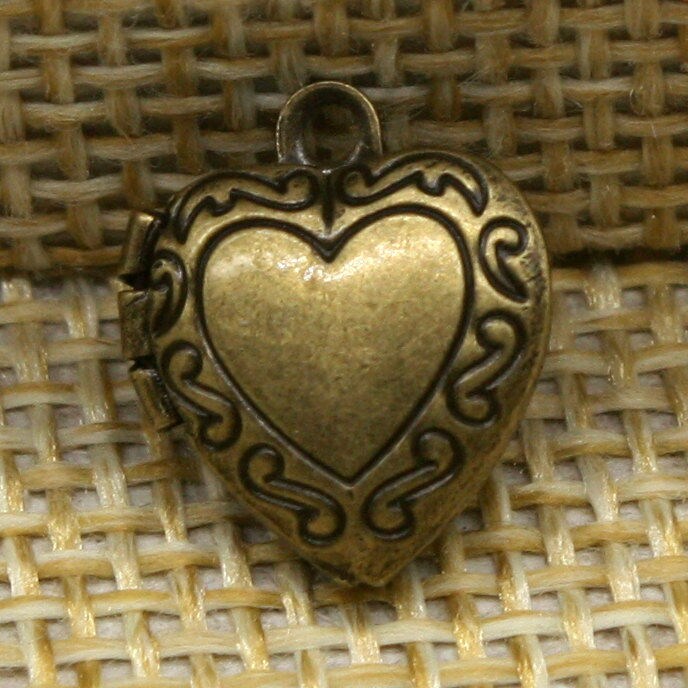 10 pcs Antique BRASS Filigree Locket Small Heart in Heart Pendant Charm Dangle - 12x11mm - Brass Locket Charm -Ship California USA - A3