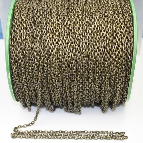 Antique Brass Drawn Chain Bulk, 12 ft spool of Bronze DRAWN cable chain 4X3mm - unsoldered link,Bulk Necklace Chain