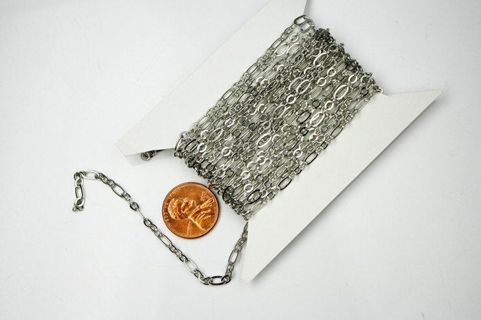 10 feet Rhodium Chain of ( 3 and 1 ) Antique Silver Long and Short Chain Flat Cable Chain Necklace bulk chain 6.3 N 4mm - SOLDERED Chain