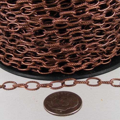 Antique Copper Chain bulk Chain, 32 ft. Textured Antique Copper finished Drawn oval Cable chain - 9x4.5mm unsoldered link