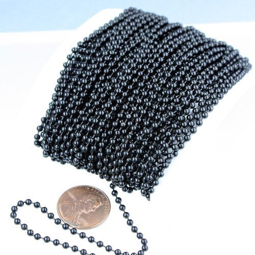 Black Chain Ball Bulk Chain, 12 ft. spool of ROUND BALL chain Necklace Wholesale Chain - 2.4mm ball size - w/ FREE 10pcs Connectors (Insert)