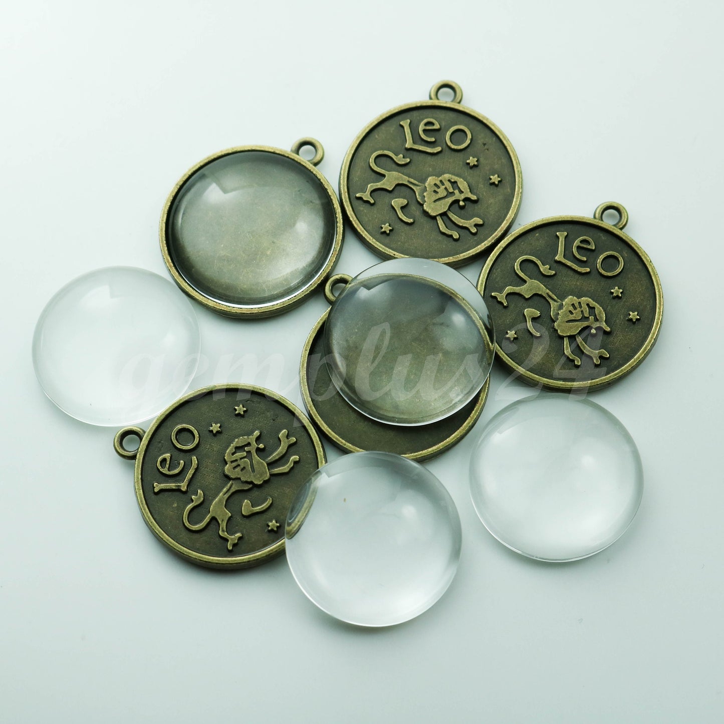 1/5 Set of Zodiac Bezel Charm, 25mm about 1 inch - Antique Brass - Bezel with GLASS Magnifying Domes Cabochon - Leo - July 23 -August 22