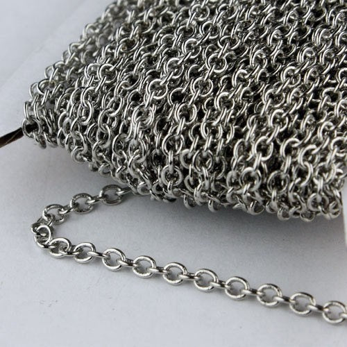 Rhodium Plated Chain Bulk Chain, 100 ft. of Antique Silver SOLDERED Cable Chain - 3.2x2.8mm SOLDERED LInk - 3430S