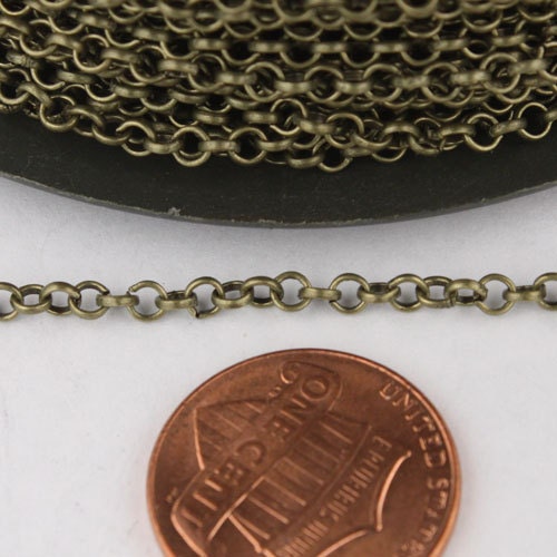 Antique Brass Rolo Chain bulk Chain, 12 ft of Rolo Bronze Cable Chain 2.5mm - Unsoldered Links - Necklace Bracelet Wholesale Bulk Jewelry