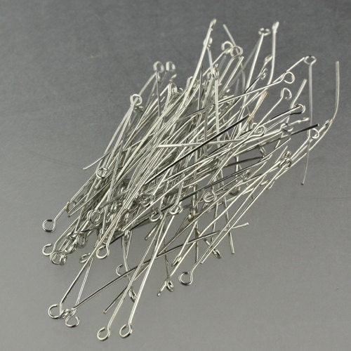 100 Rhodium Eyepins Eye Pins Headpins - 2 inch (50mm) 21 Gauge 21G