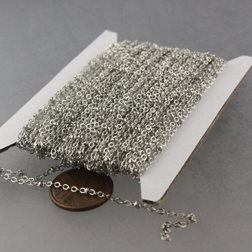 32 ft Antique Silver Satellite Chain Flat BALL Chain - 2.4x1.7mm SOLDERED link - Rhodium Tiny Small Ball Flat Cable Chain - 2417SAT