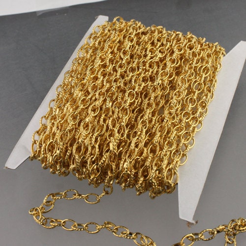 32 feet Gold Texture Chain / Gold Plated Texture Drawn Chain Cable Chain Necklace Bracelet - 6.3x3.5mm Unsoldered Link bulk chain