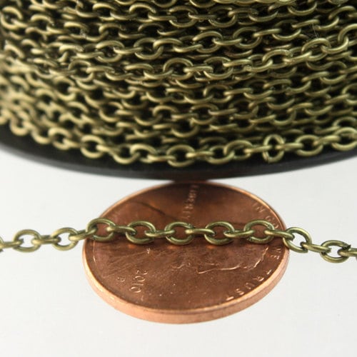 Antique Brass Chain, 32 ft spool of Antique Bronze Round cable chain - 3.0x2.1mm Sturdy unsoldered link - 3021CA