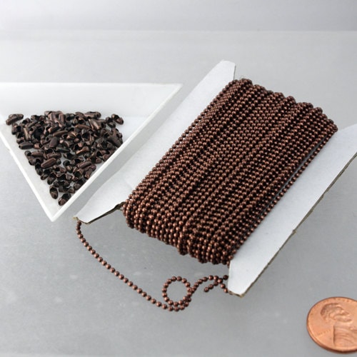 1.5mm Ball Chain with FREE connector - Antique Copper Plated - 3/12/32/50/100 Feet with Free connectors(Insert or Crimp) - 15BALL