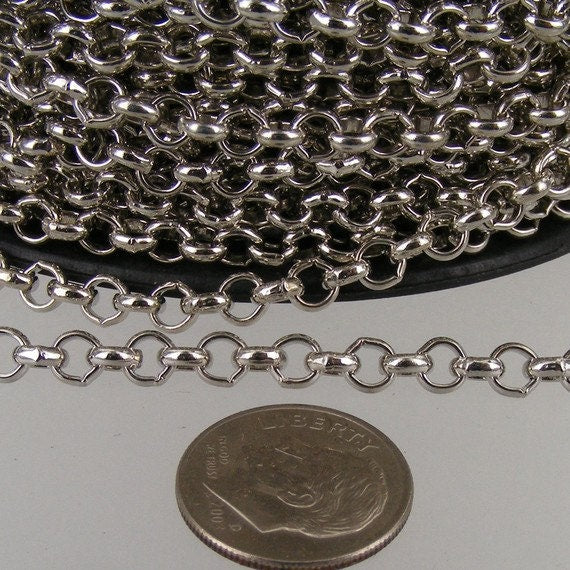 Rhodium Plated Rolo Chain bulk, 5 ft of Antique Silver Rolo Cable Chain 4.7mm - Unsoldered Links - Necklace Bracelet Wholesale Bulk Jewelry