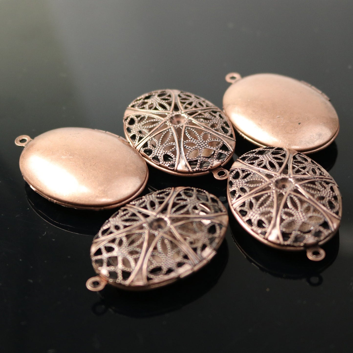 5 pcs Antique COPPER Filigree Locket OVAL Big Pendant Charm - 27x39mm 10mm thickness - Brass Locket Pendant Charm - Ship from California USA