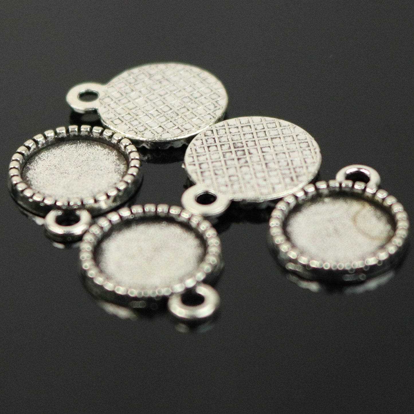 50 Round Antique Silver Bezel - for 10mm 3/8inch - Circle Pendant Blank Bezel . for Cabochon Cameo Pendants, Photo Jewelry, Post Setting