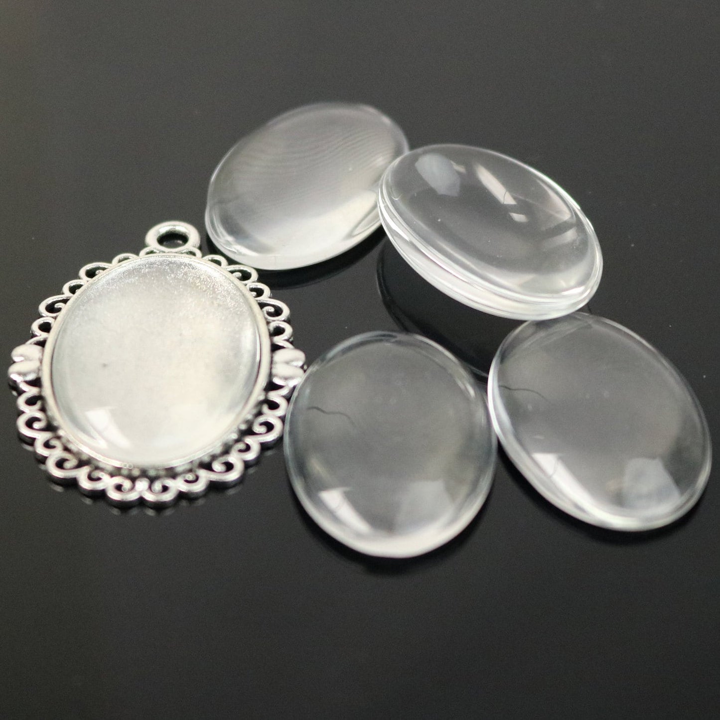 Pendant BEZELS with GLASS Magnifying OVAL Domes Cabochon - 5 sets 10 pcs - 20x30mm Antique Silver Bezel and Glass Cabochon