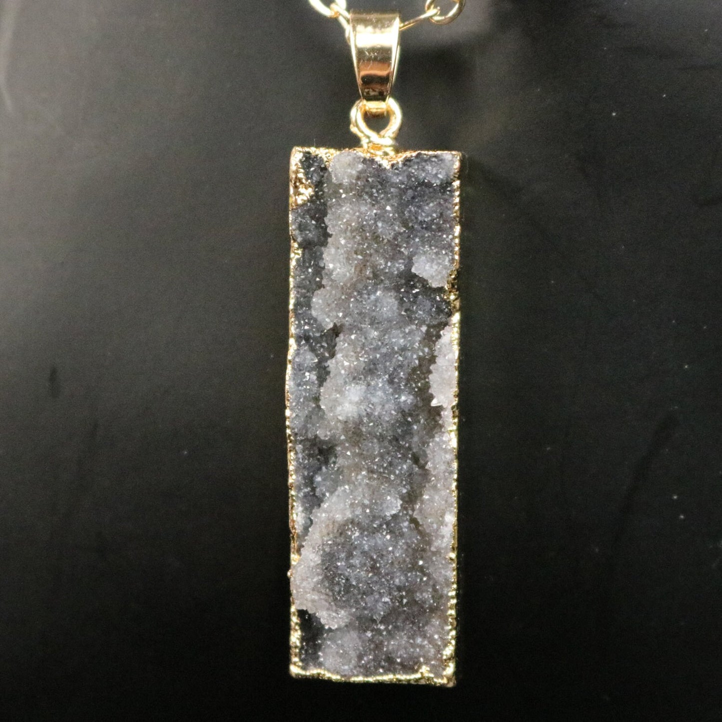 Druzy Pendant Natural Gray Agate Raw Gemstone Pendant, Rose (Pinky) Gold Electroplated Druzy Natural Stone Pendant - 12x43 mm 6mm thickness