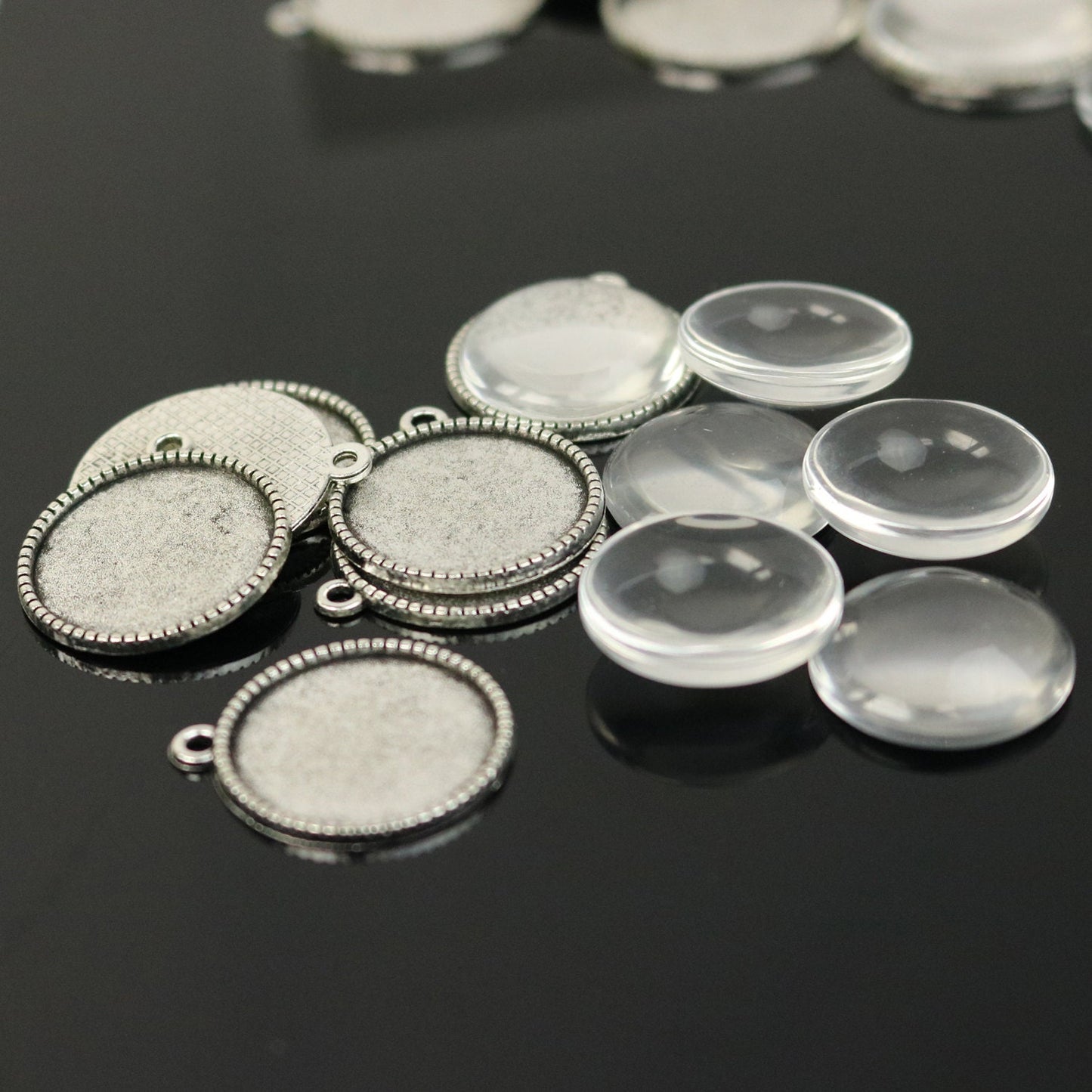 Pendant BEZELS Link with GLASS Magnifying Domes Cabochon - 5 sets 10 pcs - 20mm 13/16 inch Antique Silver Bezel and Circle Glass Cabochon