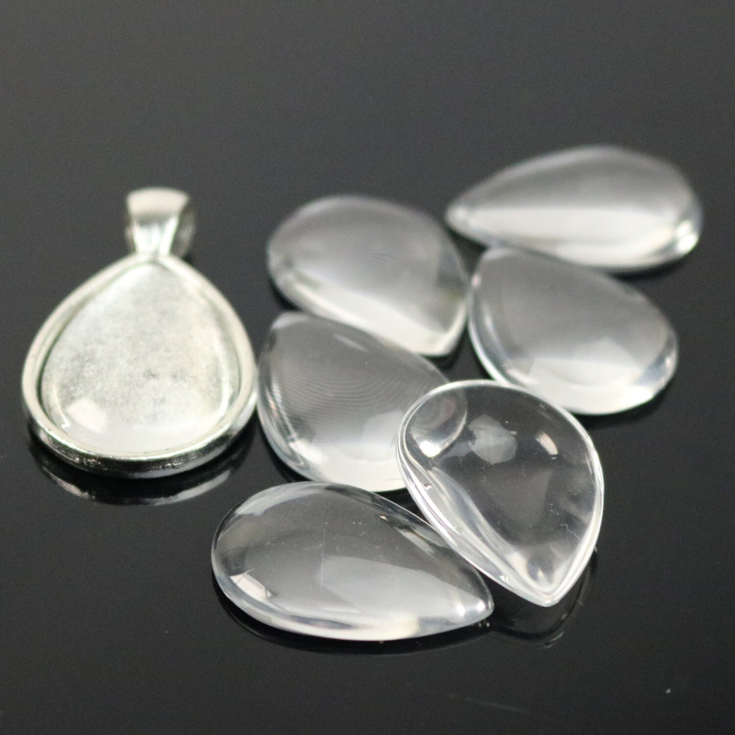 Pendant BEZELS with GLASS Magnifying Tear Drop Domes Cabochon - 5 sets 10 pcs - 18x25mm 3/4x1 inch Antique Silver Bezel and Glass Cabochon