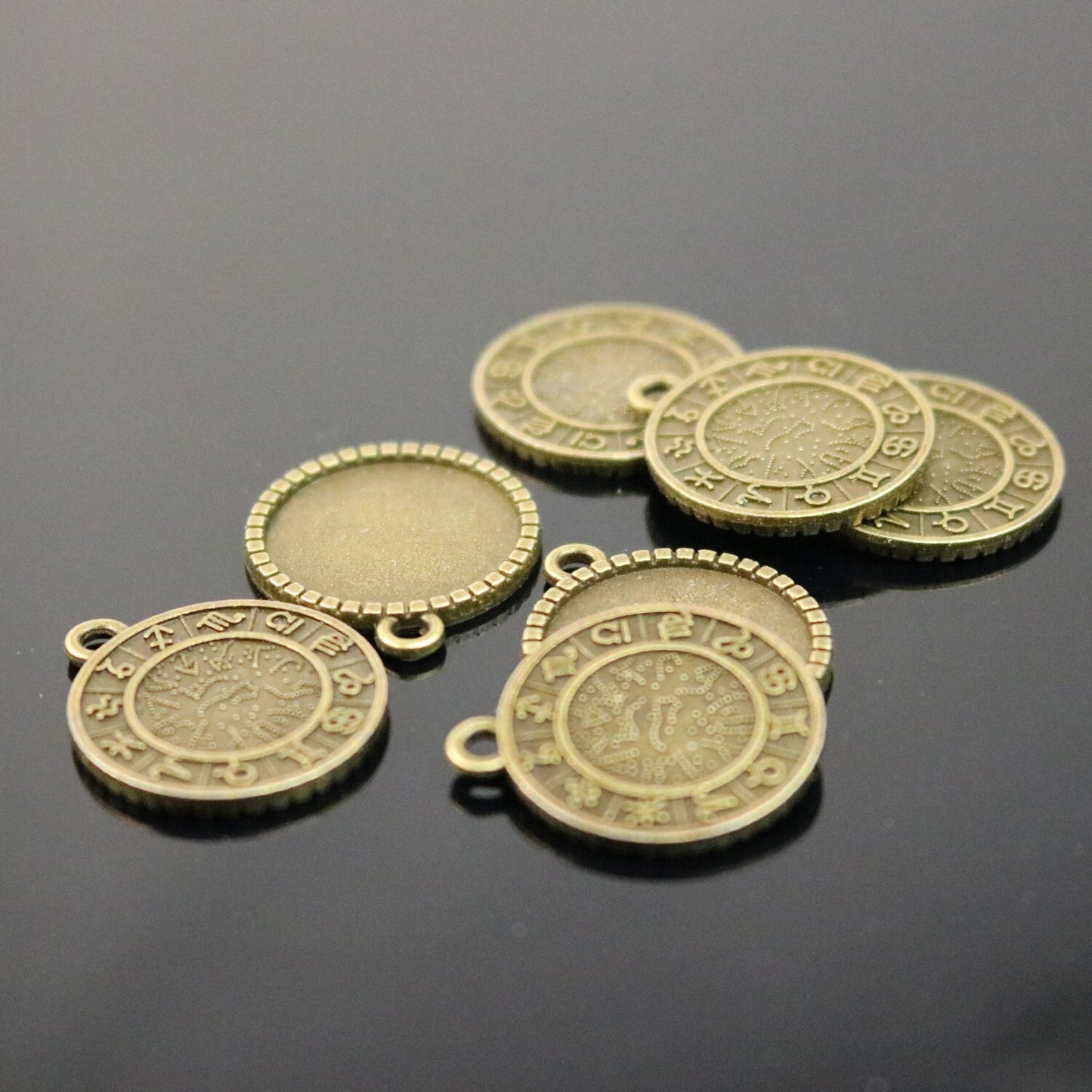 12 Zodiac Sign Pendant BEZELS with GLASS Magnifying Domes Cabochon - 5 sets 10 pcs - 16mm 5/8 inch Antique Brass Bezel and Circle Domed