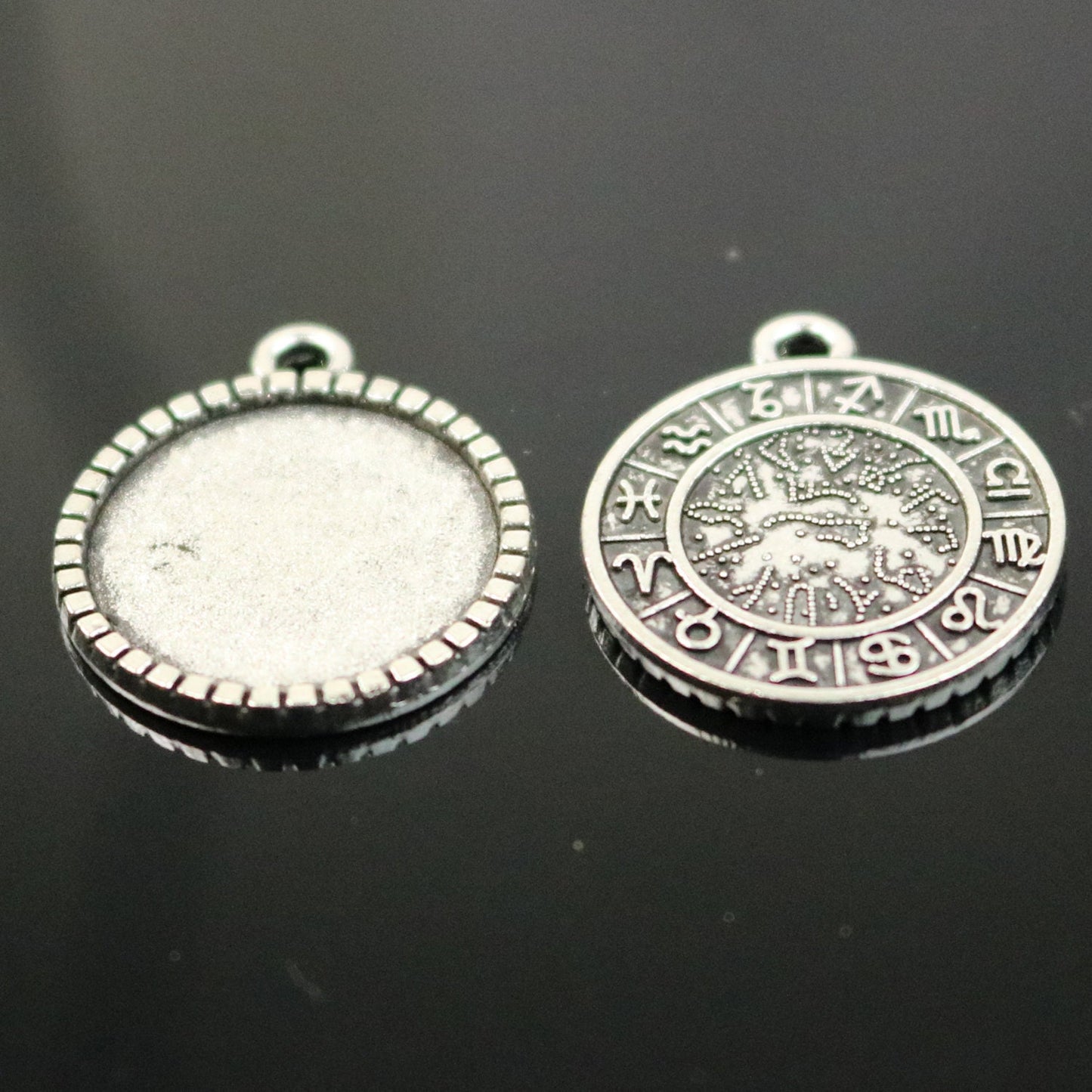 12 Zodiac Sign Pendant BEZELS with GLASS Magnifying Domes Cabochon - 5 sets 10 pcs - 16mm 5/8 inch Antique Silver Bezel and Circle Domed