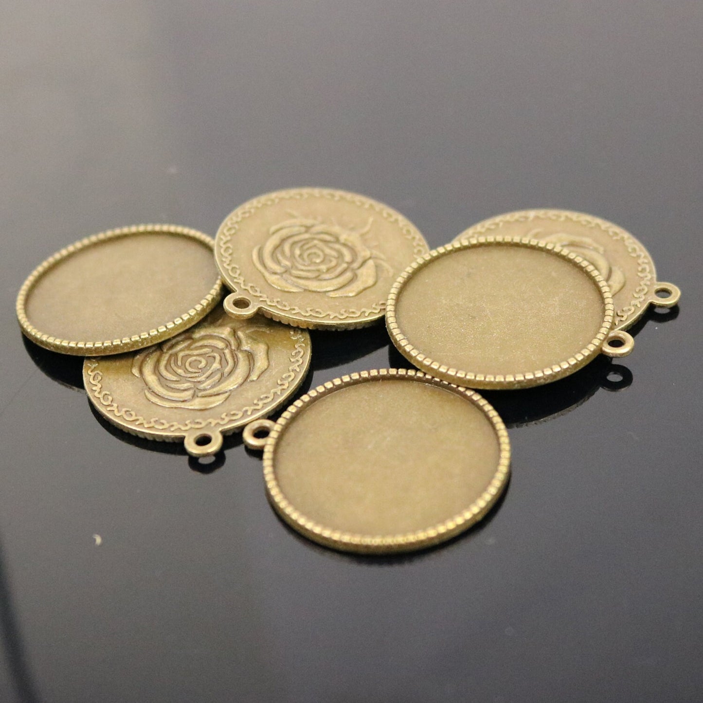 Pendant ROSE Bezels with GLASS Magnifying Domes Cabochon - 5 sets 10 pcs - 25mm 1(one) inch Antique Brass Bezel and Circle Glass Cabochon
