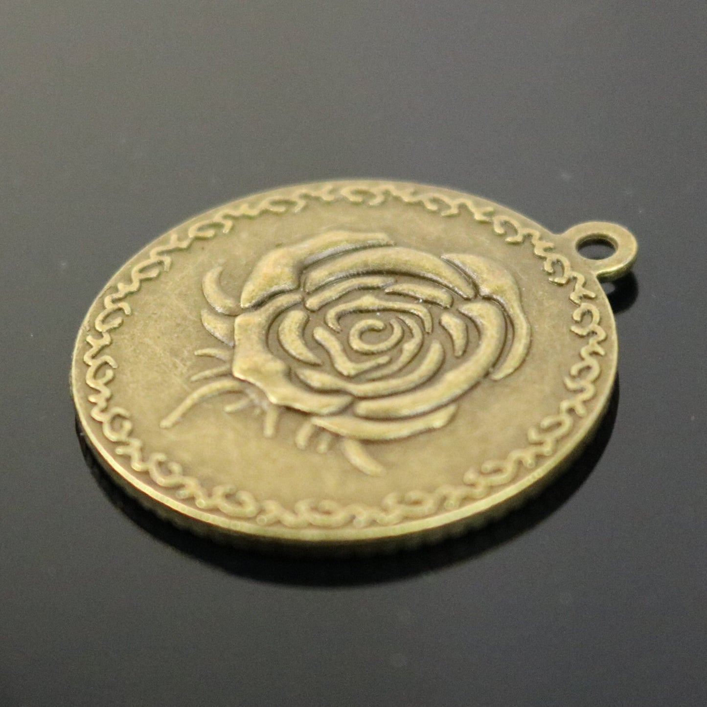 Pendant ROSE Bezels with GLASS Magnifying Domes Cabochon - 5 sets 10 pcs - 25mm 1(one) inch Antique Brass Bezel and Circle Glass Cabochon