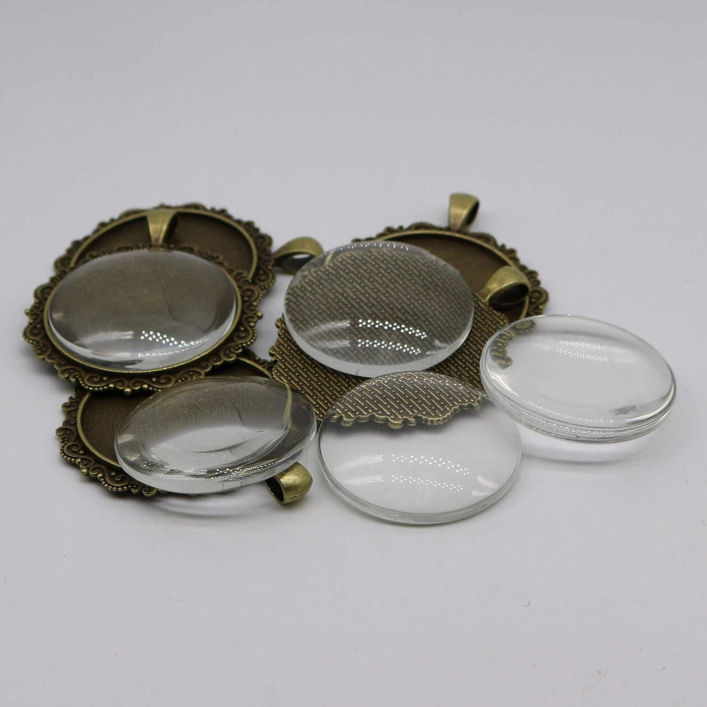 Pendant Big BEZELS Link w/GLASS Magnifying Domes Cabochon - 5 sets 10 pcs - 35mm app. 1-3/8inch Antique Brass Bezel and Glass Cabochon
