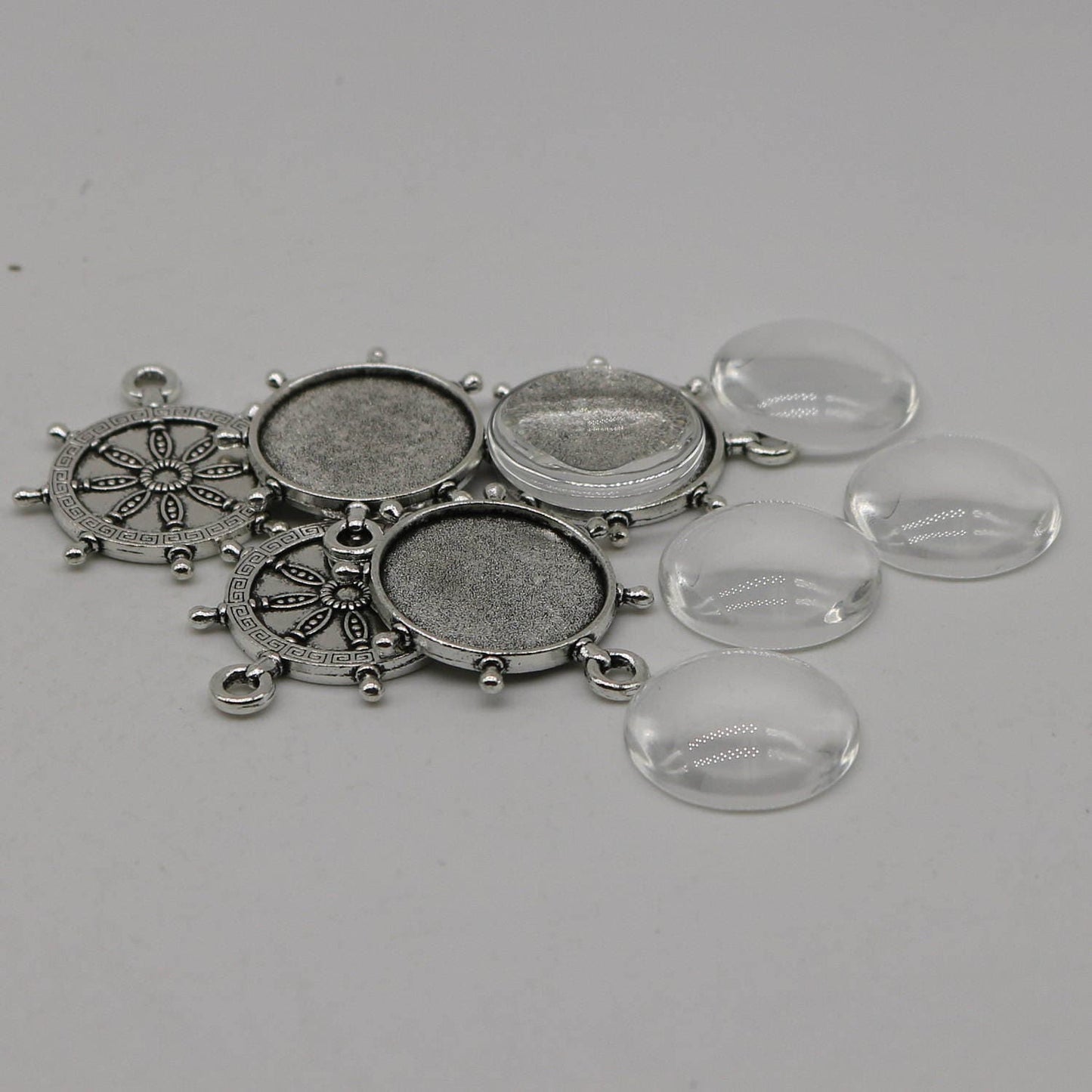 RUDDER Bezel with 20mm GLASS Magnifying Domes Cabochon - 5 sets 10 pcs - 32mmx27mm Antique Silver - KB04- We are USA Seller from California