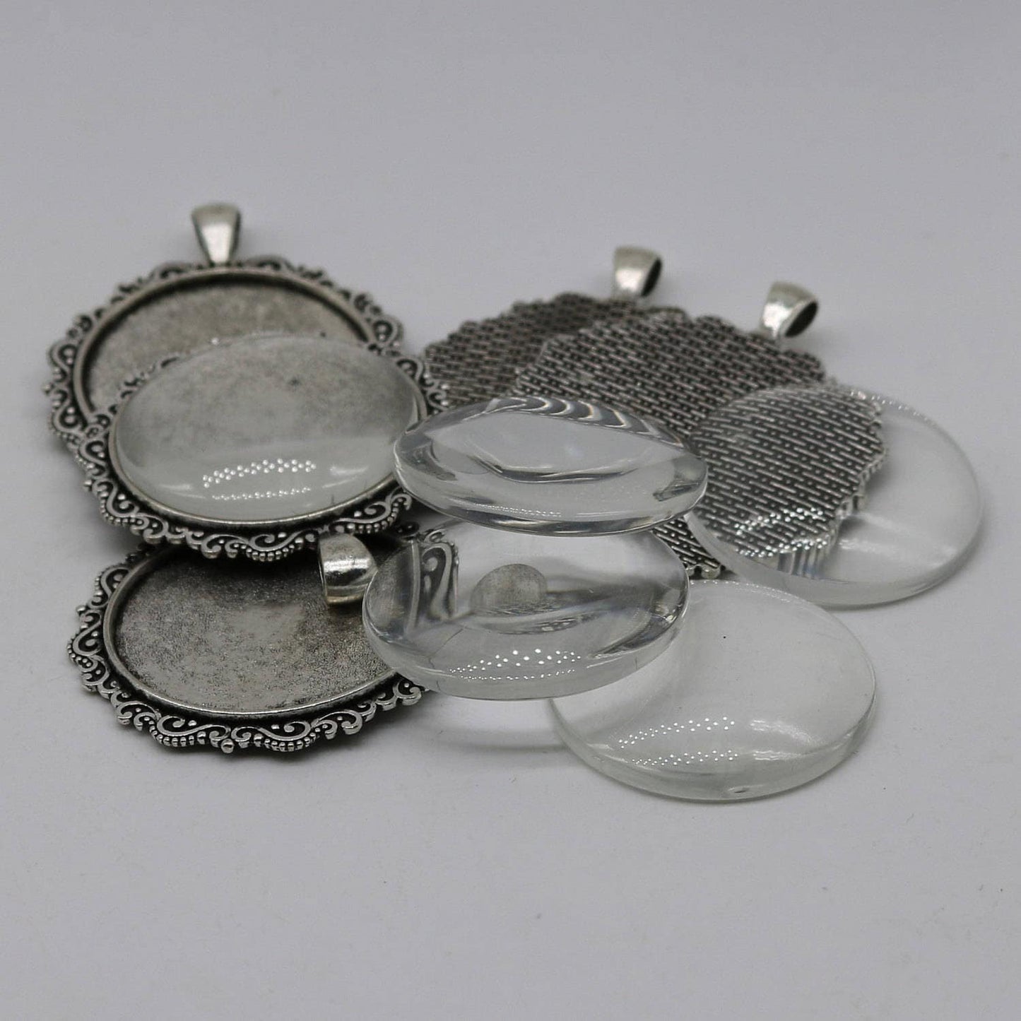 Pendant Big BEZELS Link w/GLASS Magnifying Domes Cabochon - 5 sets 10 pcs - 35mm app. 1-3/8inch Antique Silver Bezel and Glass Cabochon