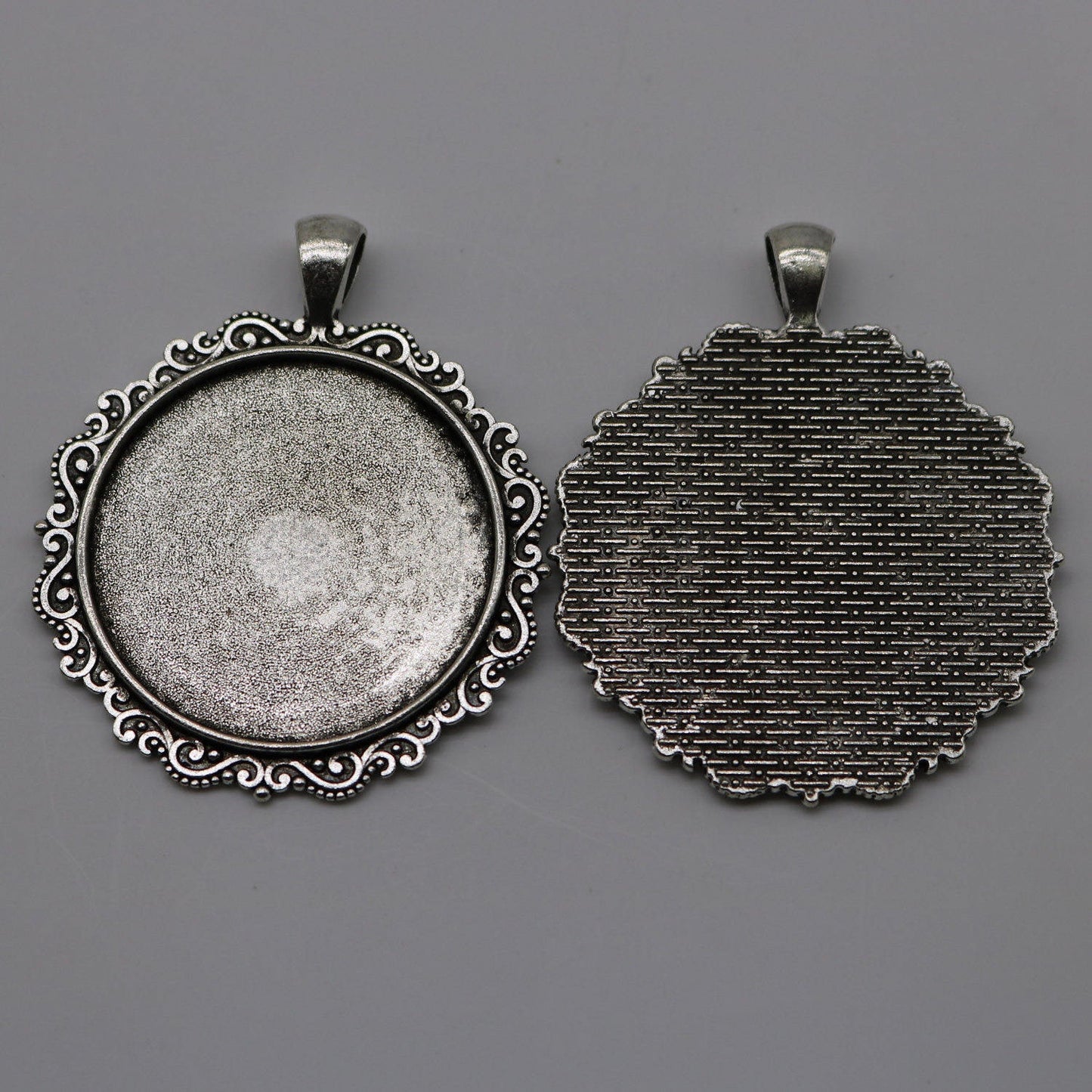 Pendant Big BEZELS Link w/GLASS Magnifying Domes Cabochon - 5 sets 10 pcs - 35mm app. 1-3/8inch Antique Silver Bezel and Glass Cabochon
