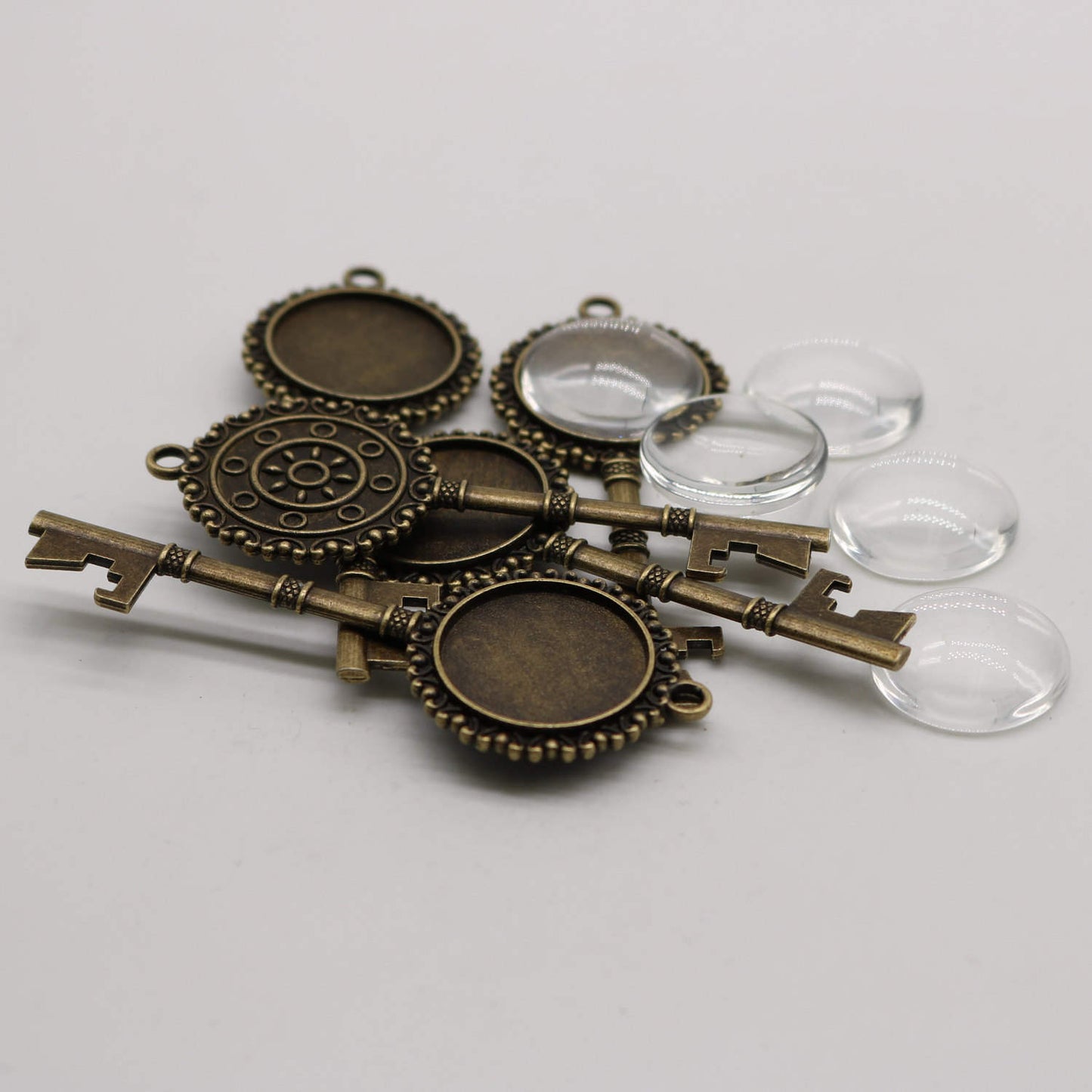 KEY Bezel with 20mm GLASS Magnifying Domes Cabochon - 5 sets 10 pcs - 71mmx27mm Antique Brass - KB02 We are USA Seller ship from California