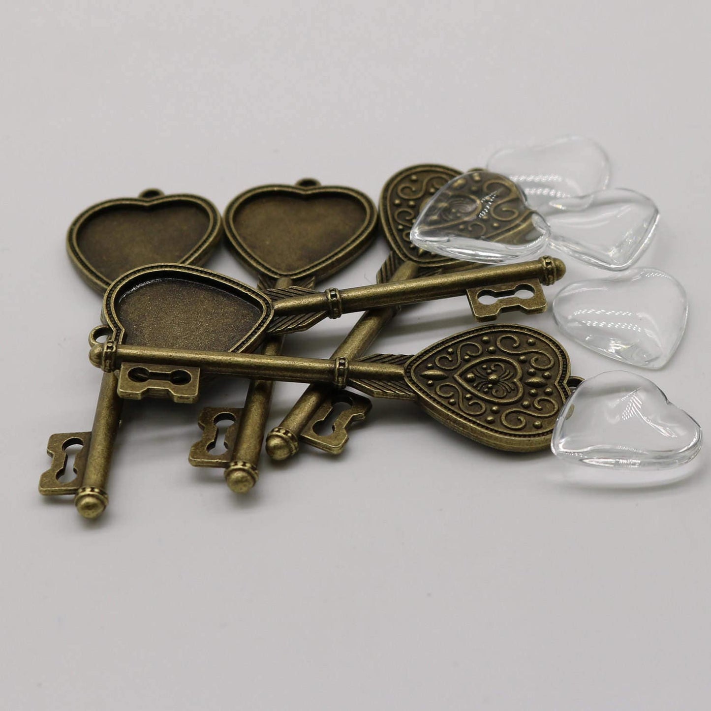 KEY Bezel with 20mm HEART GLASs Magnifying Domes Cabochon - 5 sets 10 pcs - 69mmx24mm Antique Brass - KB11 We are USA Seller